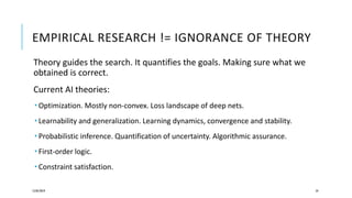 EMPIRICAL RESEARCH != IGNORANCE OF THEORY
Theory guides the search. It quantifies the goals. Making sure what we
obtained is correct.
Current AI theories:
 Optimization. Mostly non-convex. Loss landscape of deep nets.
 Learnability and generalization. Learning dynamics, convergence and stability.
 Probabilistic inference. Quantification of uncertainty. Algorithmic assurance.
 First-order logic.
 Constraint satisfaction.
12/05/2019 54
 