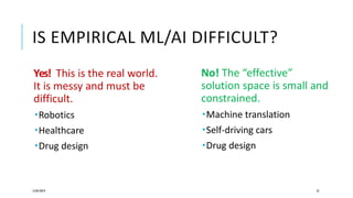 IS EMPIRICAL ML/AI DIFFICULT?
Yes! This is the real world.
It is messy and must be
difficult.
Robotics
Healthcare
Drug design
12/05/2019 55
No! The “effective”
solution space is small and
constrained.
Machine translation
Self-driving cars
Drug design
 