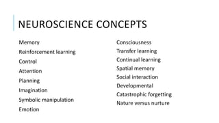 NEUROSCIENCE CONCEPTS
Memory
Reinforcement learning
Control
Attention
Planning
Imagination
Symbolic manipulation
Emotion
Consciousness
Transfer learning
Continual learning
Spatial memory
Social interaction
Developmental
Catastrophic forgetting
Nature versus nurture
 