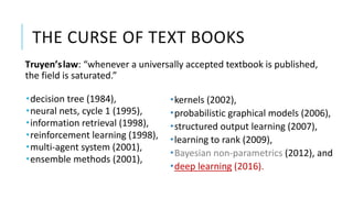 THE CURSE OF TEXT BOOKS
Truyen’slaw: “whenever a universally accepted textbook is published,
the field is saturated.”
kernels (2002),
probabilistic graphical models (2006),
structured output learning (2007),
learning to rank (2009),
Bayesian non-parametrics (2012), and
deep learning (2016).
decision tree (1984),
neural nets, cycle 1 (1995),
information retrieval (1998),
reinforcement learning (1998),
multi-agent system (2001),
ensemble methods (2001),
 