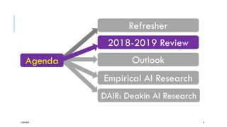 12/05/2019 8
2018-2019 Review
Outlook
Empirical AI Research
DAIR: Deakin AI Research
Refresher
Agenda
 