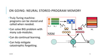 ON GOING: NEURAL STORED-PROGRAM MEMORY
12/05/2019 94
Truly Turing machine:
programs can be stored and
called when needed.
Can solve BIG problem with
many sub-modules.
Can do continual learning.
Can help mitigate
catastrophic forgetting.
 
