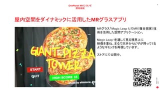 MAGIC
LEAP
2021
13
OnePlanet XR について
開発実績
屋内空間をダイナミックに活用したMRグラスアプリ
MRグラス「Magic Leap 1」でMR（複合現実）技
術を活用した空間アプリケーション。
Magic Leap 1を通して見る視界上に
映像を重ね、まるで天井からピザが降ってくる
ようなギミックを再現しています。
ストアにて公開中。
 