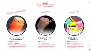 MAGIC
LEAP
2021
Spatial Tag
6
Place image here
現実空間に付箋を貼りつける
Landscapeアプリ
Place image here
Invisible Laughing Ghost
見えないゴーストを音声とライトで
見つけて退治するゲーム
● 開発ツール： Unity
● 空間オーディオを使用。
● https://world.magicleap.com/ja-jp/det
ails/net.magicmodelers.invisiblecryin
gcreature
Handrawn
Place image here
球体をつなげてモデルを作成する
アプリ
● 開発ツール： Unity
● ハンドトラッキングを使用。
● https://world.magicleap.com/ja-jp/det
ails/net.magicmodelers.concepts.ha
nddrawn
● 開発ツール： Magic Script
● 複数のPrism生成処理を実施。
● https://world.magicleap.com/ja-jp/det
ails/net.magicmodelers.magicleap.c
oncepts.spatialtag
自己紹介
Magic Leap World にリリースした
アプリケーション（個人開発）
 