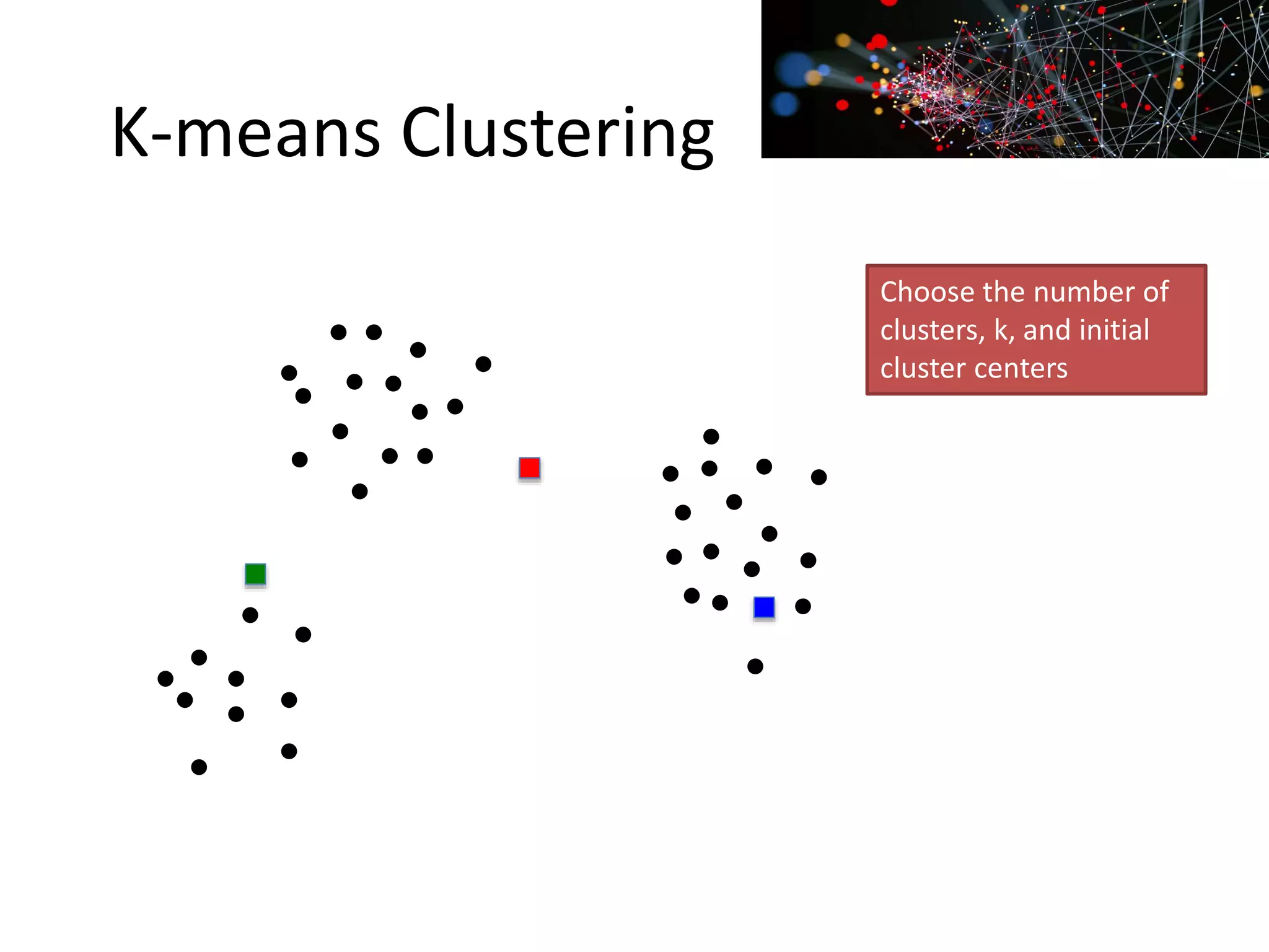 K-means Clustering
K-
“by far th
cluste
nowadays
industri
Choose the number of
clusters, k, and initial
cluster centers
 
