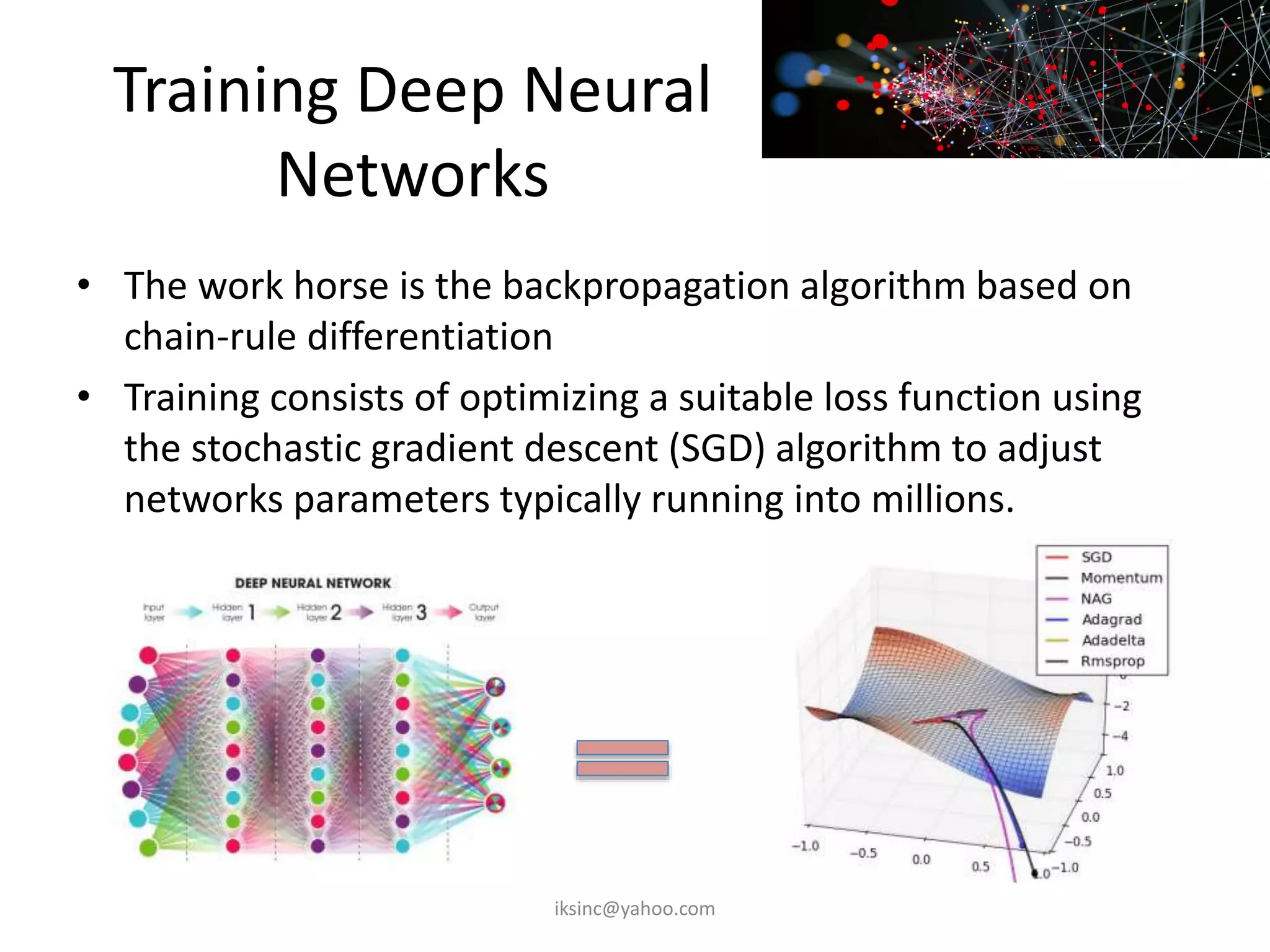 Training Deep Neural
Networks
• The work horse is the backpropagation algorithm based on
chain-rule differentiation
• Training consists of optimizing a suitable loss function using
the stochastic gradient descent (SGD) algorithm to adjust
networks parameters typically running into millions.
iksinc@yahoo.com
 