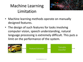 Machine Learning
Limitation
• Machine learning methods operate on manually
designed features.
• The design of such features for tasks involving
computer vision, speech understanding, natural
language processing is extremely difficult. This puts a
limit on the performance of the system.
iksinc@yahoo.com
Feature Extractor
Trainable
Classifier
 