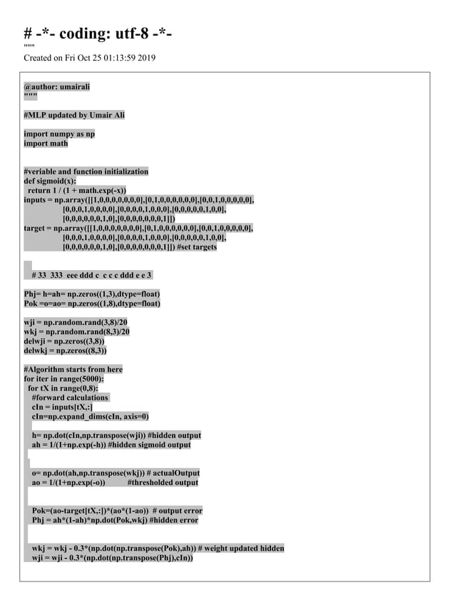 8x3x8 Multi layer perceptron training using Python Code | PDF