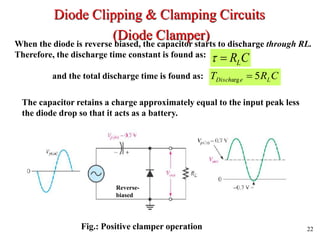 22
When the diode is reverse biased, the capacitor starts to discharge through RL.
Therefore, the discharge time constant is found as: C
RL


C
R
T L
e
Disch 5
arg 
and the total discharge time is found as:
The capacitor retains a charge approximately equal to the input peak less
the diode drop so that it acts as a battery.
Fig.: Positive clamper operation
Reverse-
biased
Diode Clipping & Clamping Circuits
(Diode Clamper)
 