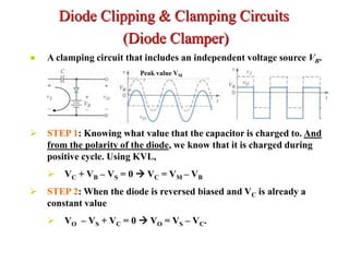  STEP 1: Knowing what value that the capacitor is charged to. And
from the polarity of the diode, we know that it is charged during
positive cycle. Using KVL,
 VC + VB – VS = 0  VC = VM – VB
 STEP 2: When the diode is reversed biased and VC is already a
constant value
 VO – VS + VC = 0  VO = VS – VC.
● A clamping circuit that includes an independent voltage source VB.
Peak value VM
Diode Clipping & Clamping Circuits
(Diode Clamper)
 