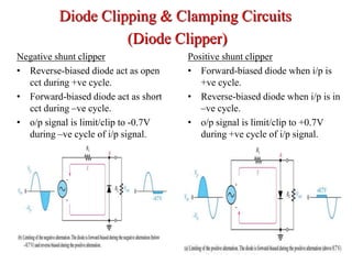 Negative shunt clipper
• Reverse-biased diode act as open
cct during +ve cycle.
• Forward-biased diode act as short
cct during –ve cycle.
• o/p signal is limit/clip to -0.7V
during –ve cycle of i/p signal.
Positive shunt clipper
• Forward-biased diode when i/p is
+ve cycle.
• Reverse-biased diode when i/p is in
–ve cycle.
• o/p signal is limit/clip to +0.7V
during +ve cycle of i/p signal.
5
Diode Clipping & Clamping Circuits
(Diode Clipper)
 