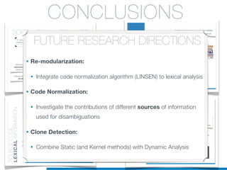CONCLUSIONS
FUTURE RESEARCH DIRECTIONS
• Re-modularization:
• Integrate code normalization algorithm (LINSEN) to lexical analysis
• Code Normalization:
• Investigate the contributions of different sources of information
used for disambiguations
• Clone Detection:
• Combine Static (and Kernel methods) with Dynamic Analysis
 
