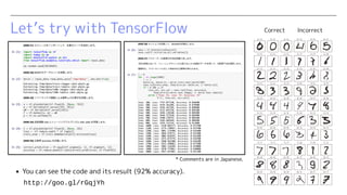 Let’s try with TensorFlow Correct Incorrect
http://goo.gl/rGqjYh
▪ You can see the code and its result (92% accuracy).
* C...
