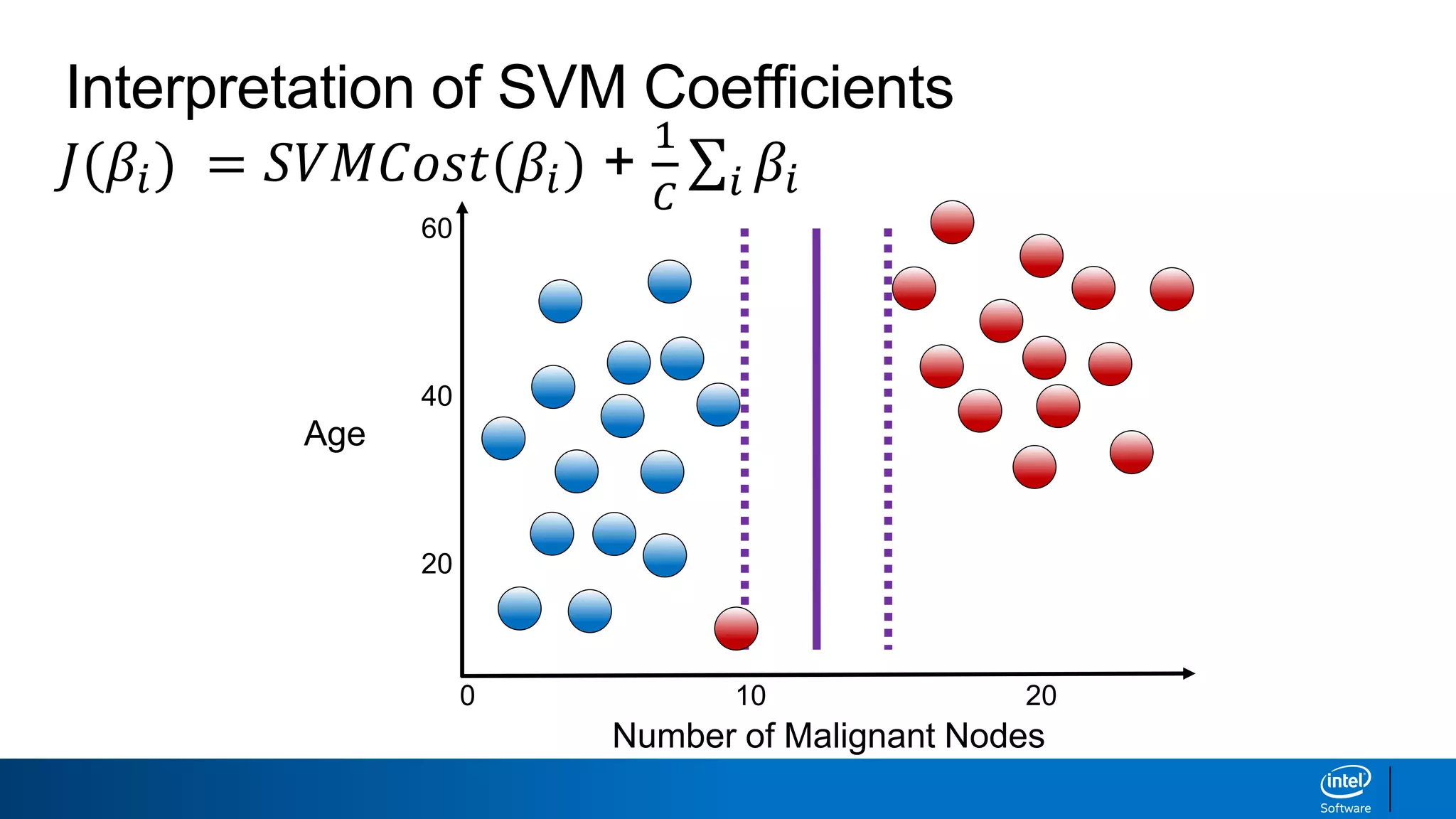 Interpretation of SVM Coefficients
𝐽(𝛽𝑖) = 𝑆𝑉𝑀𝐶𝑜𝑠𝑡(𝛽𝑖) +
1
𝐶 𝑖 𝛽𝑖
Number of Malignant Nodes
0
Age
60
40
20
10 20
 