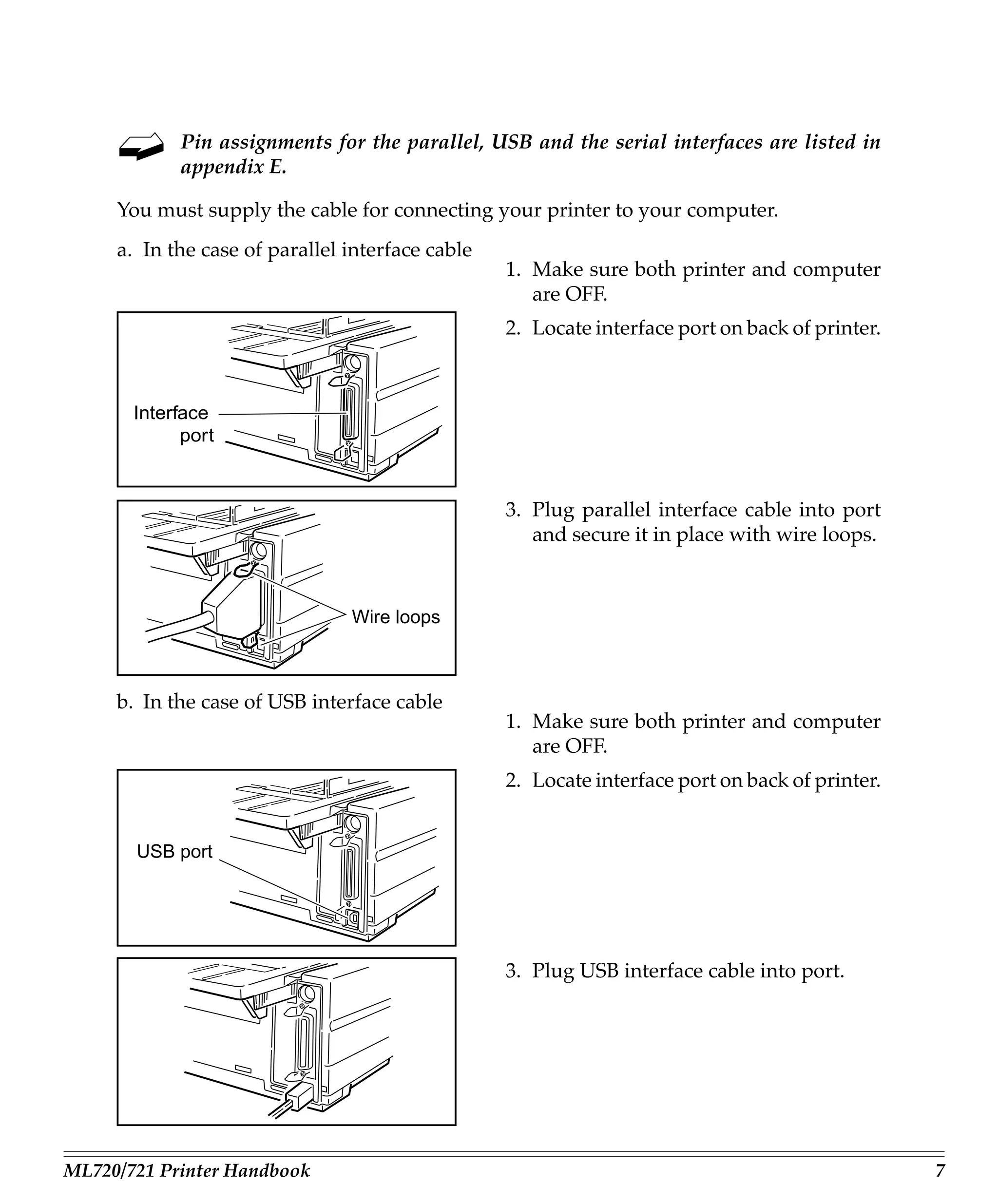 Pin assignments for the parallel, USB and the serial interfaces are listed in
            appendix E.

     You must supply the cable for connecting your printer to your computer.
     a. In the case of parallel interface cable
                                                  1. Make sure both printer and computer
                                                     are OFF.
                                                  2. Locate interface port on back of printer.



       Interface
             port


                                                  3. Plug parallel interface cable into port
                                                     and secure it in place with wire loops.


                                Wire loops



     b. In the case of USB interface cable
                                                  1. Make sure both printer and computer
                                                     are OFF.
                                                  2. Locate interface port on back of printer.


       USB port




                                                  3. Plug USB interface cable into port.




ML720/721 Printer Handbook                                                                       7
 