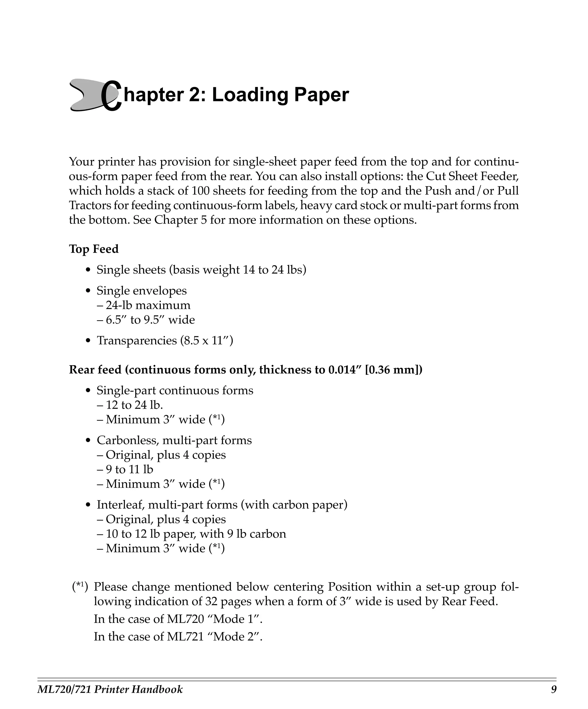 Chapter 2: Loading Paper
     Your printer has provision for single-sheet paper feed from the top and for continu-
     ous-form paper feed from the rear. You can also install options: the Cut Sheet Feeder,
     which holds a stack of 100 sheets for feeding from the top and the Push and/or Pull
     Tractors for feeding continuous-form labels, heavy card stock or multi-part forms from
     the bottom. See Chapter 5 for more information on these options.

     Top Feed
        • Single sheets (basis weight 14 to 24 lbs)
        • Single envelopes
          – 24-lb maximum
          – 6.5” to 9.5” wide
        • Transparencies (8.5 x 11”)

     Rear feed (continuous forms only, thickness to 0.014” [0.36 mm])
        • Single-part continuous forms
          – 12 to 24 lb.
          – Minimum 3” wide (*1)
        • Carbonless, multi-part forms
          – Original, plus 4 copies
          – 9 to 11 lb
          – Minimum 3” wide (*1)
        • Interleaf, multi-part forms (with carbon paper)
          – Original, plus 4 copies
          – 10 to 12 lb paper, with 9 lb carbon
          – Minimum 3” wide (*1)


      (*1) Please change mentioned below centering Position within a set-up group fol-
           lowing indication of 32 pages when a form of 3” wide is used by Rear Feed.
           In the case of ML720 “Mode 1”.
           In the case of ML721 “Mode 2”.



ML720/721 Printer Handbook                                                                    9
 