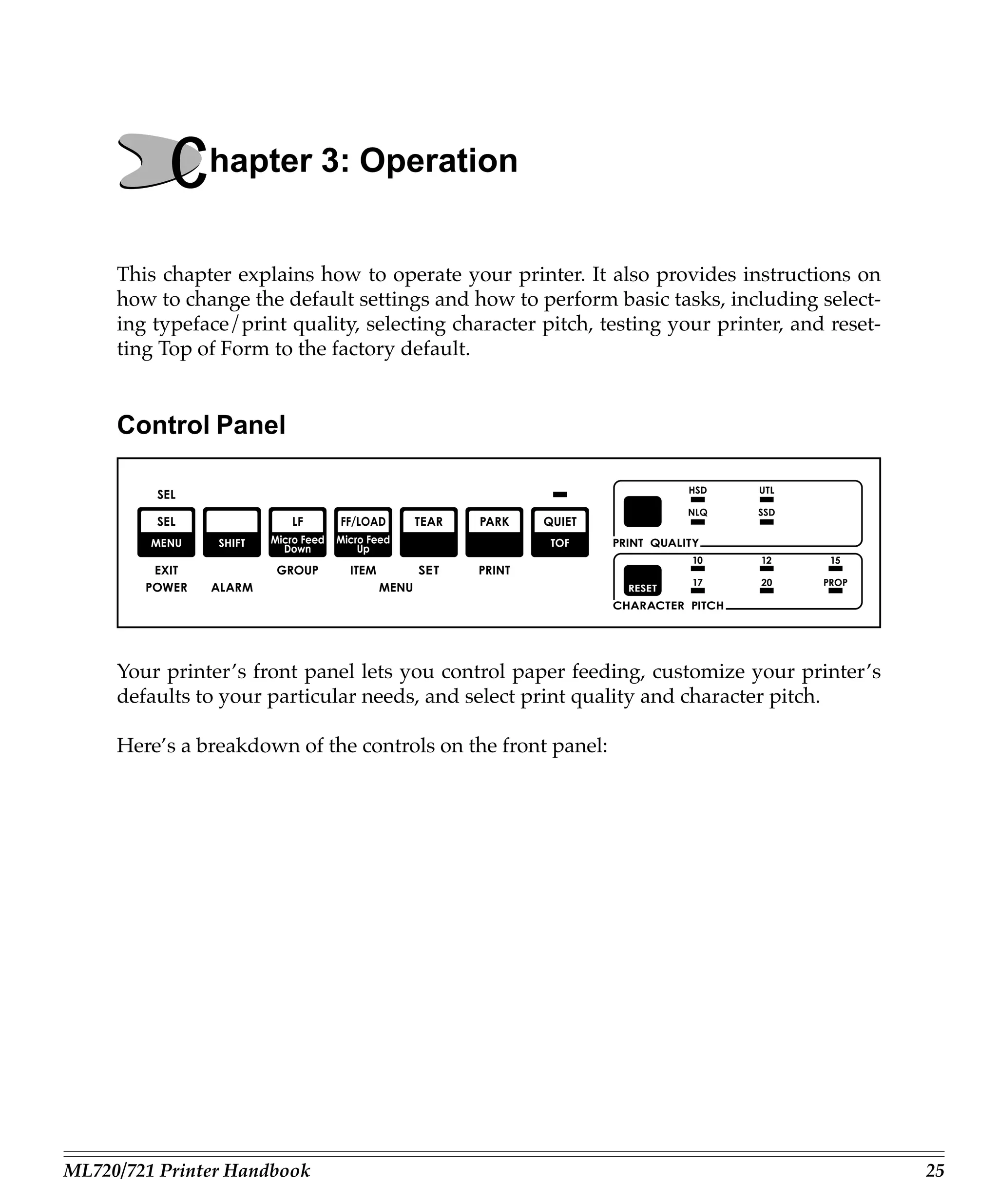 Chapter 3: Operation
     This chapter explains how to operate your printer. It also provides instructions on
     how to change the default settings and how to perform basic tasks, including select-
     ing typeface/print quality, selecting character pitch, testing your printer, and reset-
     ting Top of Form to the factory default.


     Control Panel




     Your printer’s front panel lets you control paper feeding, customize your printer’s
     defaults to your particular needs, and select print quality and character pitch.

     Here’s a breakdown of the controls on the front panel:




ML720/721 Printer Handbook                                                                     25
 