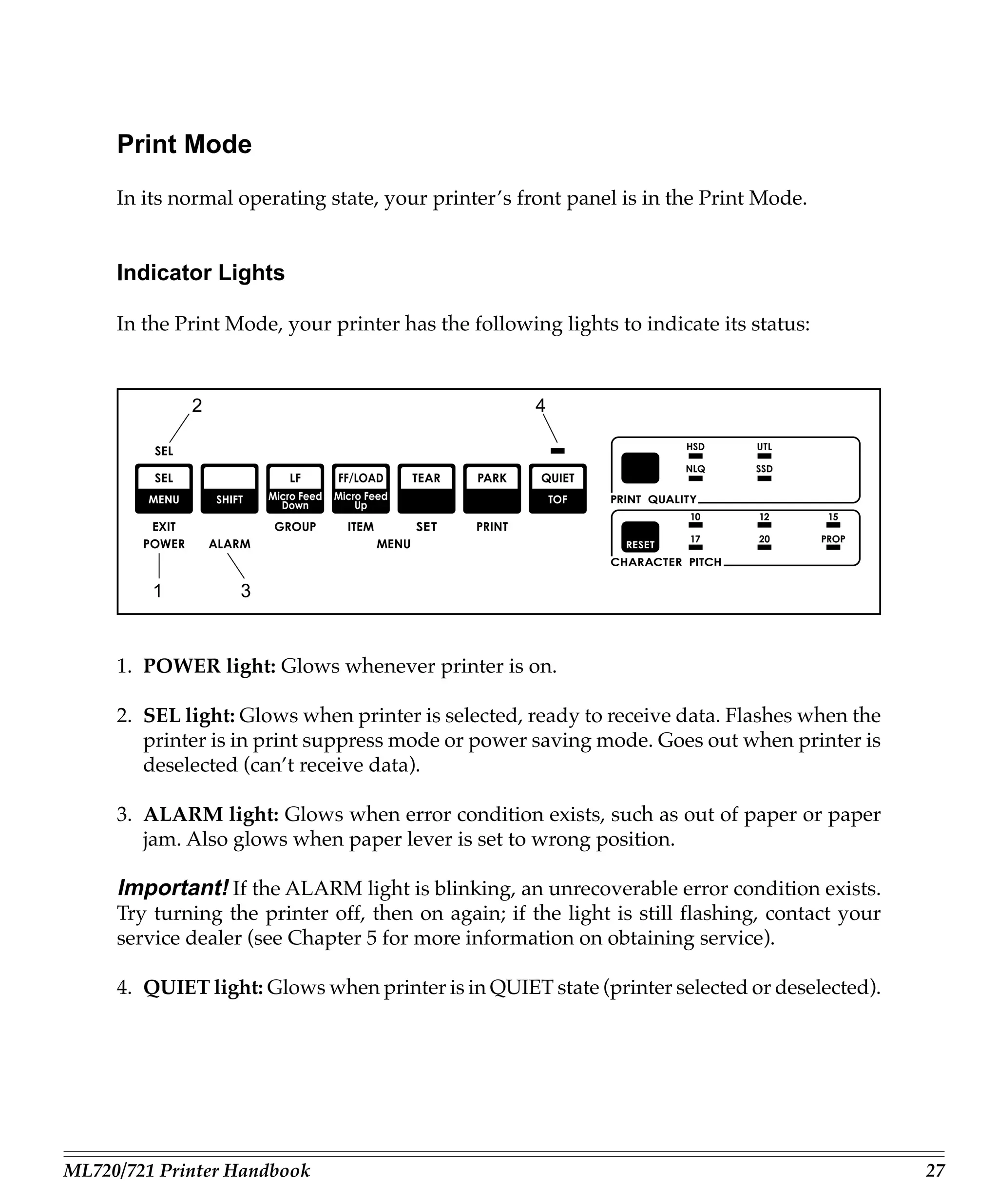 Print Mode
     In its normal operating state, your printer’s front panel is in the Print Mode.


     Indicator Lights

     In the Print Mode, your printer has the following lights to indicate its status:


             2                                       4




         1         3



     1. POWER light: Glows whenever printer is on.

     2. SEL light: Glows when printer is selected, ready to receive data. Flashes when the
        printer is in print suppress mode or power saving mode. Goes out when printer is
        deselected (can’t receive data).

     3. ALARM light: Glows when error condition exists, such as out of paper or paper
        jam. Also glows when paper lever is set to wrong position.

     Important! If the ALARM light is blinking, an unrecoverable error condition exists.
     Try turning the printer off, then on again; if the light is still flashing, contact your
     service dealer (see Chapter 5 for more information on obtaining service).

     4. QUIET light: Glows when printer is in QUIET state (printer selected or deselected).




ML720/721 Printer Handbook                                                                      27
 