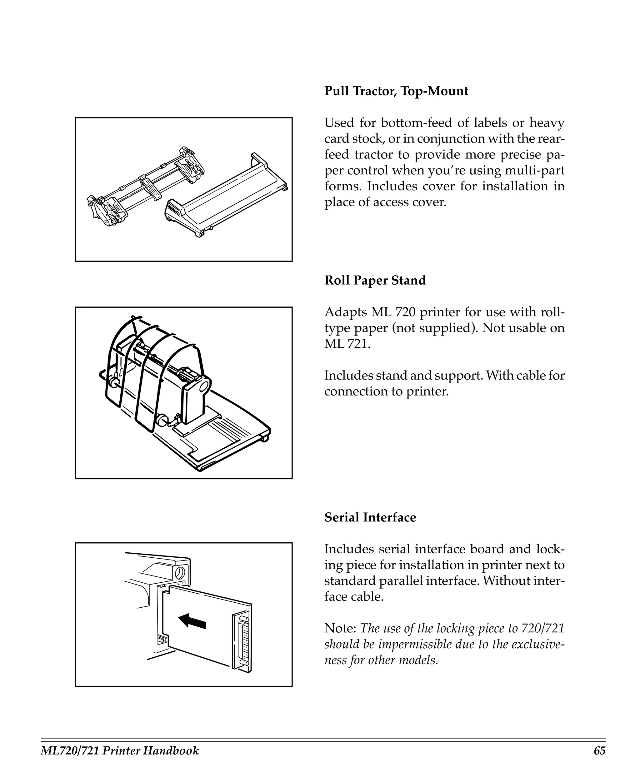 Pull Tractor, Top-Mount

                             Used for bottom-feed of labels or heavy
                             card stock, or in conjunction with the rear-
                             feed tractor to provide more precise pa-
                             per control when you’re using multi-part
                             forms. Includes cover for installation in
                             place of access cover.




                             Roll Paper Stand

                             Adapts ML 720 printer for use with roll-
                             type paper (not supplied). Not usable on
                             ML 721.

                             Includes stand and support. With cable for
                             connection to printer.




                             Serial Interface

                             Includes serial interface board and lock-
                             ing piece for installation in printer next to
                             standard parallel interface. Without inter-
                             face cable.

                             Note: The use of the locking piece to 720/721
                             should be impermissible due to the exclusive-
                             ness for other models.




ML720/721 Printer Handbook                                                   65
 