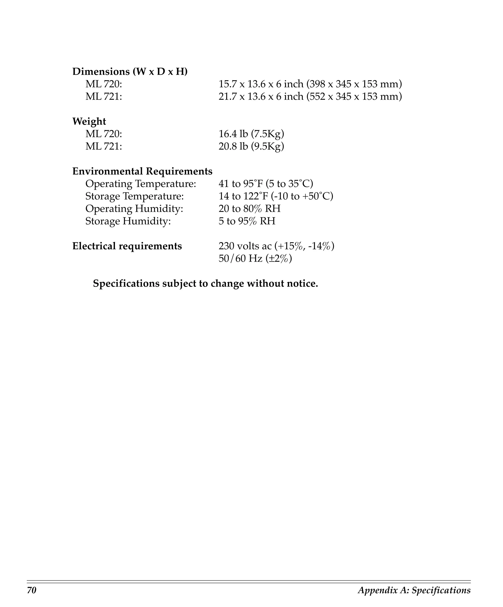 Dimensions (W x D x H)
       ML 720:                     15.7 x 13.6 x 6 inch (398 x 345 x 153 mm)
       ML 721:                     21.7 x 13.6 x 6 inch (552 x 345 x 153 mm)

     Weight
       ML 720:                     16.4 lb (7.5Kg)
       ML 721:                     20.8 lb (9.5Kg)

     Environmental Requirements
       Operating Temperature:      41 to 95˚F (5 to 35˚C)
       Storage Temperature:        14 to 122˚F (-10 to +50˚C)
       Operating Humidity:         20 to 80% RH
       Storage Humidity:           5 to 95% RH

     Electrical requirements       230 volts ac (+15%, -14%)
                                   50/60 Hz (±2%)

         Specifications subject to change without notice.




70                                                                Appendix A: Specifications
 