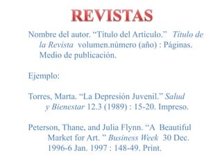 REVISTASNombre del autor. “Título del Artículo.” 	Título de 	la Revistavolumen.número (año) : Páginas. 	Medio de publicación.Ejemplo:Torres, Marta. “La DepresiónJuvenil.” Salud 		   y Bienestar 12.3 (1989) : 15-20. Impreso.Peterson, Thane, and Julia Flynn. “A  Beautiful          Market for Art. ” Business Week  30 Dec.          1996-6 Jan. 1997 : 148-49. Print.