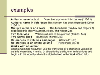 examples
Author's name in text
Dover has expressed this concern (118-21).
Author's name in reference This concern has been expressed (Dover
118-21).
Multiple authors of a work
This hypothesis (Bradley and Rogers 7)
suggested this theory (Sumner, Reichl, and Waugh 23).
Two locations
Williams alludes to this premise (136-39, 145).
Two works cited
(Burns 54; Thomas 327)
References to volumes and pages
(Wilson 2:1-18)
References to an entire volume
(Henderson, vol. 3)
Works with no author
When a work has no author, use the work's title or a shortened version of
the title when citing it in text. (If abbreviating a title, omit initial articles and
begin with the word by which it is alphabetized in the Works Cited list.):

 
