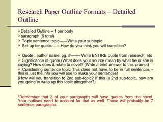 Research Paper Outline Formats – Detailed
Outline
Detailed Outline – 1 per body
paragraph (6 total)
 Topic sentence topic------Write your subtopic
 Set-up for quote-------How do you think you will transition?
 Quote , author name, pg. #------- Write ENTIRE quote from research, etc
 Significance of quote (What does your source mean by what he or she is

saying? How does it relate to novel? (Write a brief answer to this prompt)
 Concluding sentence topic This does not have to be in full sentences –
this is just the info you will use to make your sentences!
(How will you transition to 2nd sub-topic? If this is 2nd sub-topic, how are
you going to wrap up this topic altogether?)
*Remember that 3 of your paragraphs will have quotes from the novel.
Your outlines need to account for that as well. Those will probably be 7
sentence paragraphs.

 