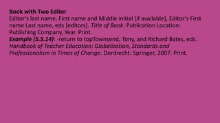 Book with Two Editor
Editor’s last name, First name and Middle initial [if available], Editor’s First
name Last name, eds [editors]. Title of Book. Publication Location:
Publishing Company, Year. Print.
Example (5.5.14): -return to topTownsend, Tony, and Richard Bates, eds.
Handbook of Teacher Education: Globalization, Standards and
Professionalism in Times of Change. Dordrecht: Springer, 2007. Print.
 