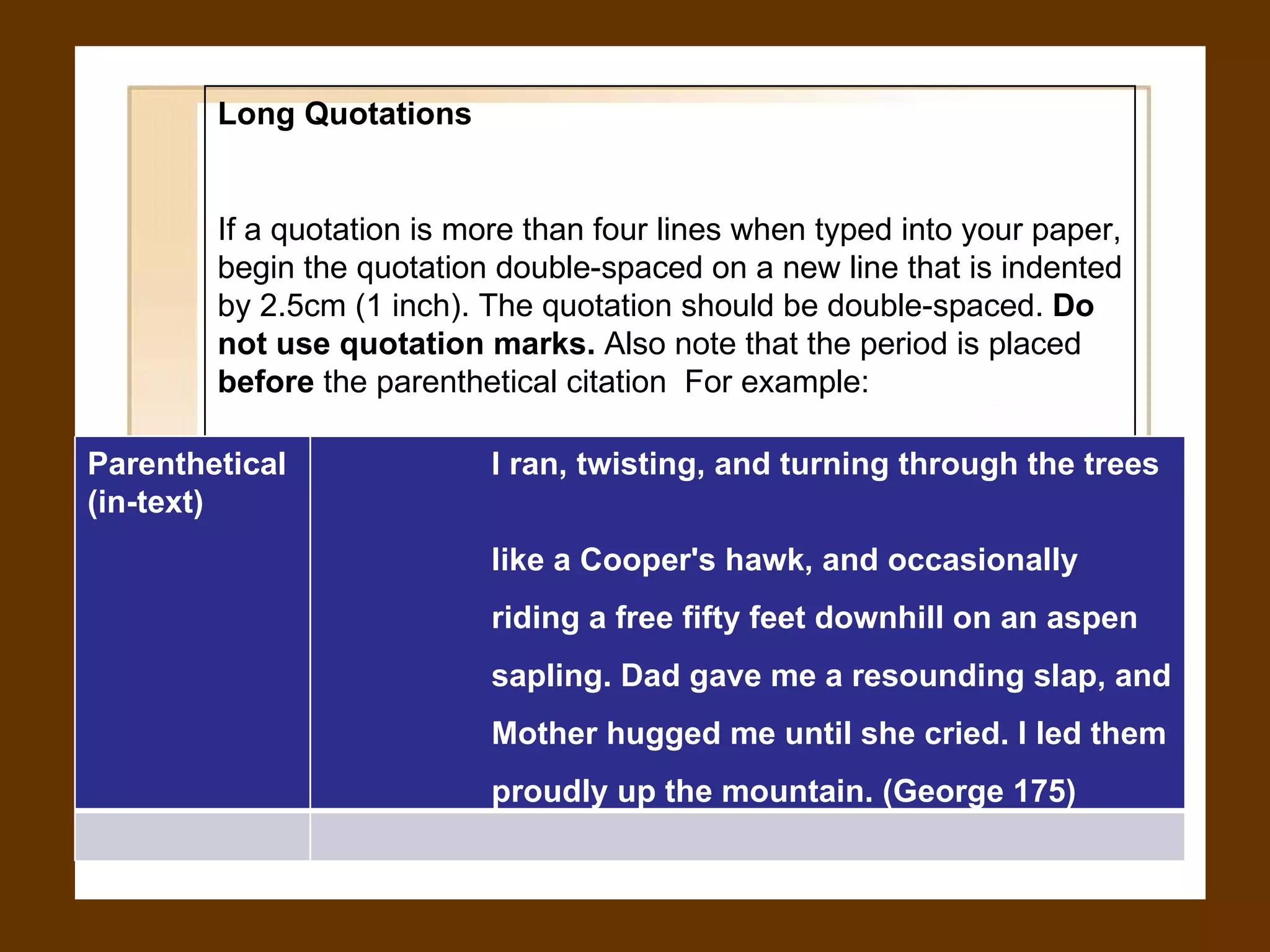 Long Quotations If a quotation is more than four lines when typed into your paper, begin the quotation double-spaced on a new line that is indented by 2.5cm (1 inch). The quotation should be double-spaced.  Do not use quotation marks.  Also note that the period is placed  before  the parenthetical citation  For example: Parenthetical (in-text) I ran, twisting, and turning through the trees  like a Cooper's hawk, and occasionally  riding a free fifty feet downhill on an aspen  sapling. Dad gave me a resounding slap, and  Mother hugged me until she cried. I led them  proudly up the mountain. (George 175) 