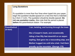 Long Quotations If a quotation is more than four lines when typed into your paper, begin the quotation double-spaced on a new line that is indented by 2.5cm (1 inch). The quotation should be double-spaced.  Do not use quotation marks.  Also note that the period is placed  before  the parenthetical citation  For example: Parenthetical (in-text) I ran, twisting, and turning through the trees  like a Cooper's hawk, and occasionally  riding a free fifty feet downhill on an aspen  sapling. Dad gave me a resounding slap, and  Mother hugged me until she cried. I led them  proudly up the mountain. (George 175) 