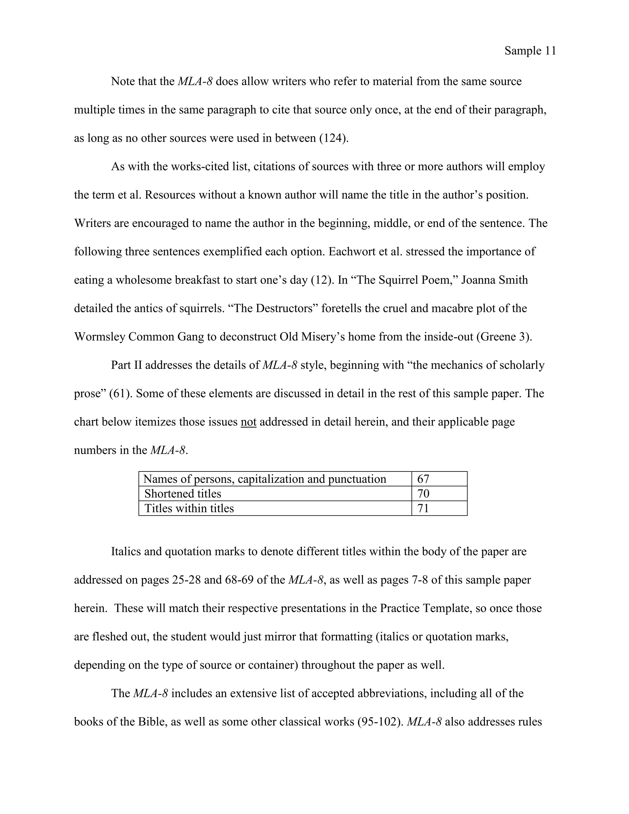 Sample 11
Note that the MLA-8 does allow writers who refer to material from the same source
multiple times in the same paragraph to cite that source only once, at the end of their paragraph,
as long as no other sources were used in between (124).
As with the works-cited list, citations of sources with three or more authors will employ
the term et al. Resources without a known author will name the title in the author’s position.
Writers are encouraged to name the author in the beginning, middle, or end of the sentence. The
following three sentences exemplified each option. Eachwort et al. stressed the importance of
eating a wholesome breakfast to start one’s day (12). In “The Squirrel Poem,” Joanna Smith
detailed the antics of squirrels. “The Destructors” foretells the cruel and macabre plot of the
Wormsley Common Gang to deconstruct Old Misery’s home from the inside-out (Greene 3).
Part II addresses the details of MLA-8 style, beginning with “the mechanics of scholarly
prose” (61). Some of these elements are discussed in detail in the rest of this sample paper. The
chart below itemizes those issues not addressed in detail herein, and their applicable page
numbers in the MLA-8.
Names of persons, capitalization and punctuation 67
Shortened titles 70
Titles within titles 71
Italics and quotation marks to denote different titles within the body of the paper are
addressed on pages 25-28 and 68-69 of the MLA-8, as well as pages 7-8 of this sample paper
herein. These will match their respective presentations in the Practice Template, so once those
are fleshed out, the student would just mirror that formatting (italics or quotation marks,
depending on the type of source or container) throughout the paper as well.
The MLA-8 includes an extensive list of accepted abbreviations, including all of the
books of the Bible, as well as some other classical works (95-102). MLA-8 also addresses rules
 