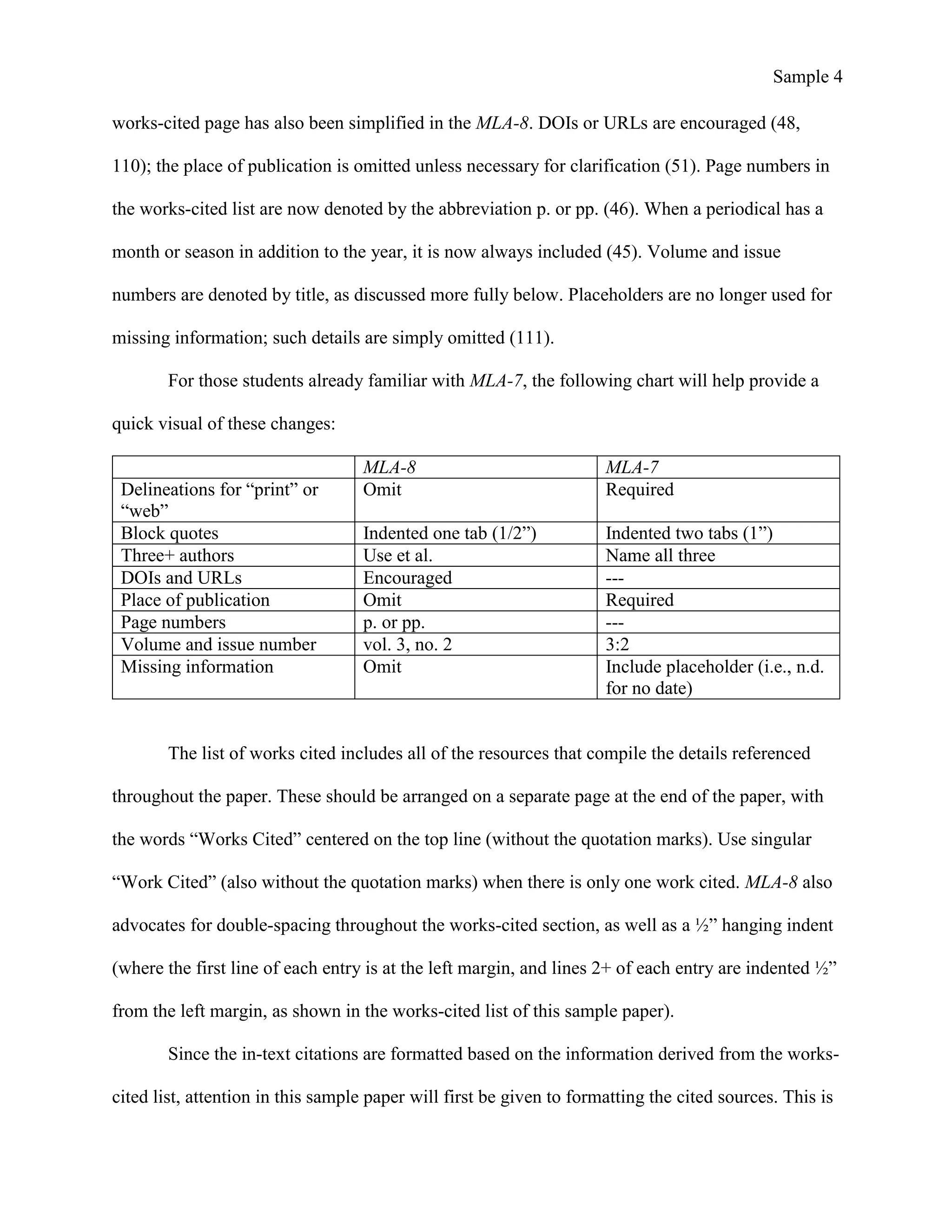 Sample 4
works-cited page has also been simplified in the MLA-8. DOIs or URLs are encouraged (48,
110); the place of publication is omitted unless necessary for clarification (51). Page numbers in
the works-cited list are now denoted by the abbreviation p. or pp. (46). When a periodical has a
month or season in addition to the year, it is now always included (45). Volume and issue
numbers are denoted by title, as discussed more fully below. Placeholders are no longer used for
missing information; such details are simply omitted (111).
For those students already familiar with MLA-7, the following chart will help provide a
quick visual of these changes:
MLA-8 MLA-7
Delineations for “print” or
“web”
Omit Required
Block quotes Indented one tab (1/2”) Indented two tabs (1”)
Three+ authors Use et al. Name all three
DOIs and URLs Encouraged ---
Place of publication Omit Required
Page numbers p. or pp. ---
Volume and issue number vol. 3, no. 2 3:2
Missing information Omit Include placeholder (i.e., n.d.
for no date)
The list of works cited includes all of the resources that compile the details referenced
throughout the paper. These should be arranged on a separate page at the end of the paper, with
the words “Works Cited” centered on the top line (without the quotation marks). Use singular
“Work Cited” (also without the quotation marks) when there is only one work cited. MLA-8 also
advocates for double-spacing throughout the works-cited section, as well as a ½” hanging indent
(where the first line of each entry is at the left margin, and lines 2+ of each entry are indented ½”
from the left margin, as shown in the works-cited list of this sample paper).
Since the in-text citations are formatted based on the information derived from the works-
cited list, attention in this sample paper will first be given to formatting the cited sources. This is
 