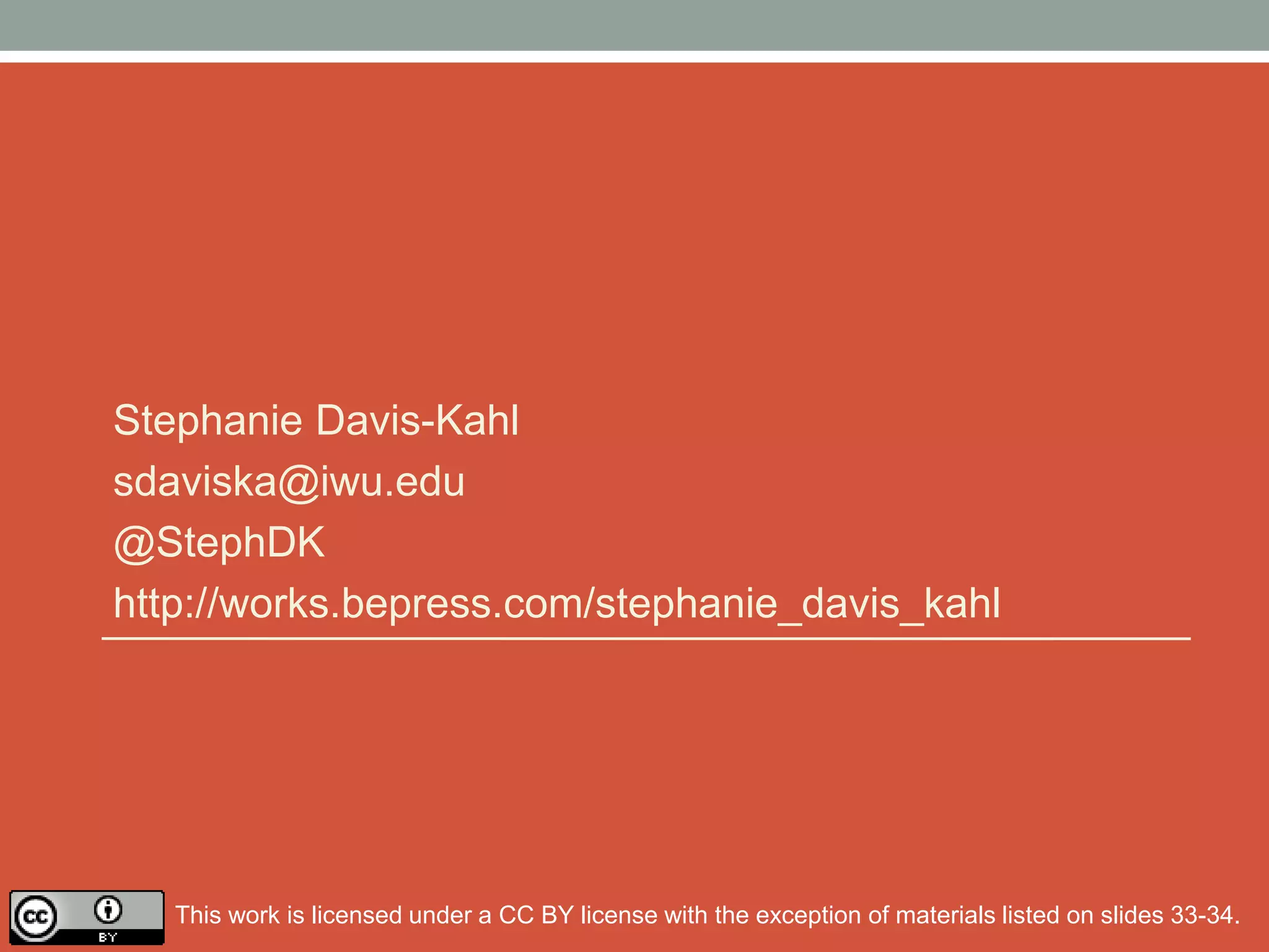 Stephanie Davis-Kahl
sdaviska@iwu.edu
@StephDK
http://works.bepress.com/stephanie_davis_kahl
This work is licensed under a CC BY license with the exception of materials listed on slides 33-34.
 