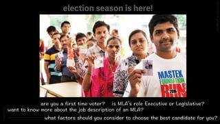 SA
Srinivas
Alavilli
Janaagraha
#CityPolitics
election season is here!
are you a first time voter?
want to know more about the job description of an MLA?
is MLA’s role Executive or Legislative?
what factors should you consider to choose the best candidate for you?
 