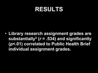 RESULTS
• Library research assignment grades are
substantially3 (r = .534) and significantly
(p<.01) correlated to Public Health Brief
individual assignment grades.
 