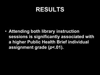 RESULTS
• Attending both library instruction
sessions is significantly associated with
a higher Public Health Brief individual
assignment grade (p<.01).
 