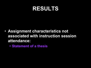 RESULTS
• Assignment characteristics not
associated with instruction session
attendance:
+ Statement of a thesis
 