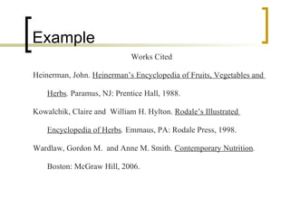 Example Works Cited Heinerman, John.  Heinerman’s Encyclopedia of Fruits, Vegetables and  Herbs .  Paramus, NJ: Prentice Hall, 1988. Kowalchik, Claire and  William H. Hylton.  Rodale’s Illustrated  Encyclopedia of Herbs .  Emmaus, PA: Rodale Press, 1998. Wardlaw, Gordon M.  and Anne M. Smith.  Contemporary Nutrition .  Boston: McGraw Hill, 2006. 