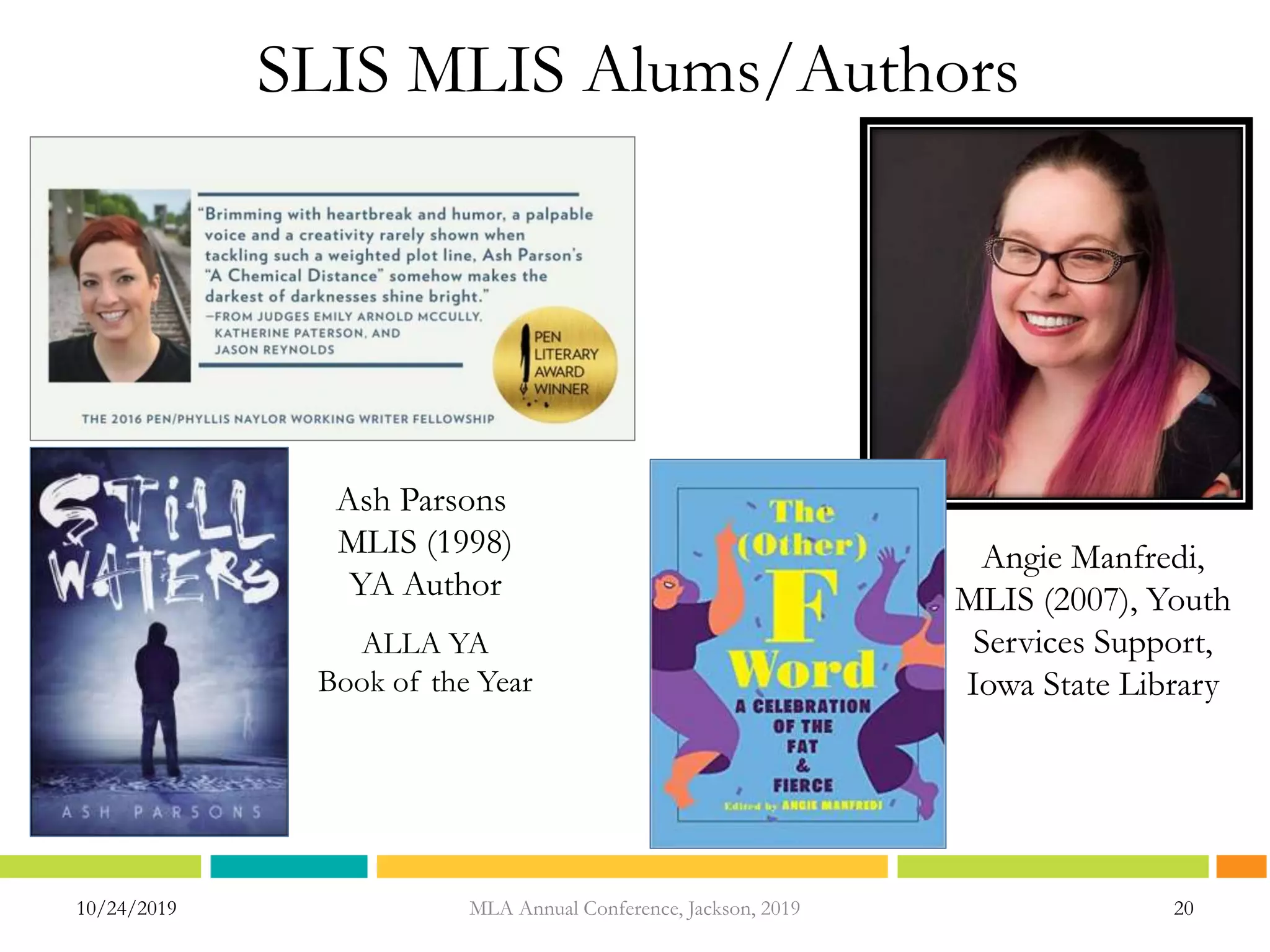 SLIS MLIS Alums/Authors
10/24/2019 20MLA Annual Conference, Jackson, 2019
ALLA YA
Book of the Year
Angie Manfredi,
MLIS (2007), Youth
Services Support,
Iowa State Library
Ash Parsons
MLIS (1998)
YA Author
 