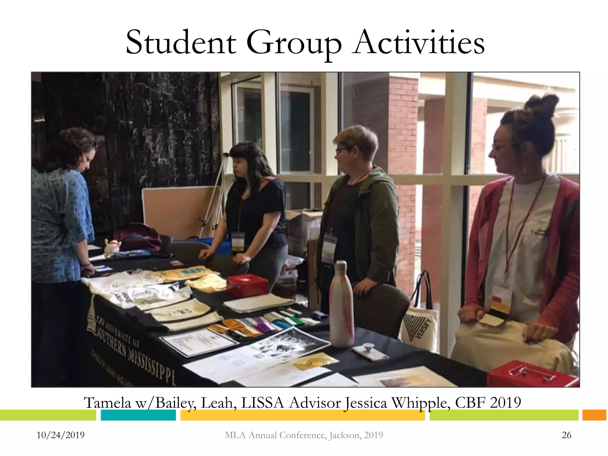 10/24/2019 26MLA Annual Conference, Jackson, 2019
Student Group Activities
Tamela w/Bailey, Leah, LISSA Advisor Jessica Whipple, CBF 2019
 