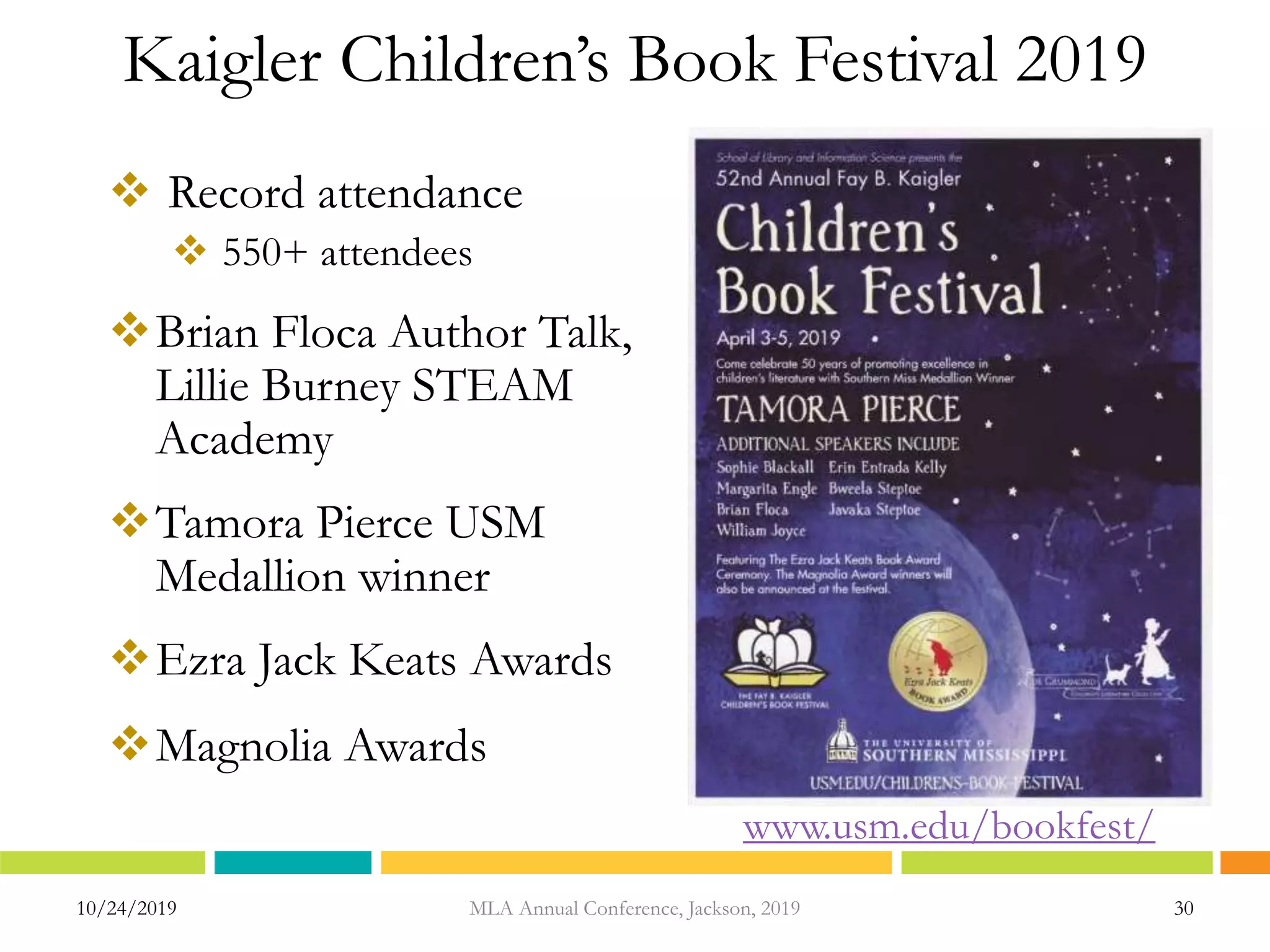 Kaigler Children’s Book Festival 2019
 Record attendance
 550+ attendees
Brian Floca Author Talk,
Lillie Burney STEAM
Academy
Tamora Pierce USM
Medallion winner
Ezra Jack Keats Awards
Magnolia Awards
10/24/2019 30
www.usm.edu/bookfest/
MLA Annual Conference, Jackson, 2019
 