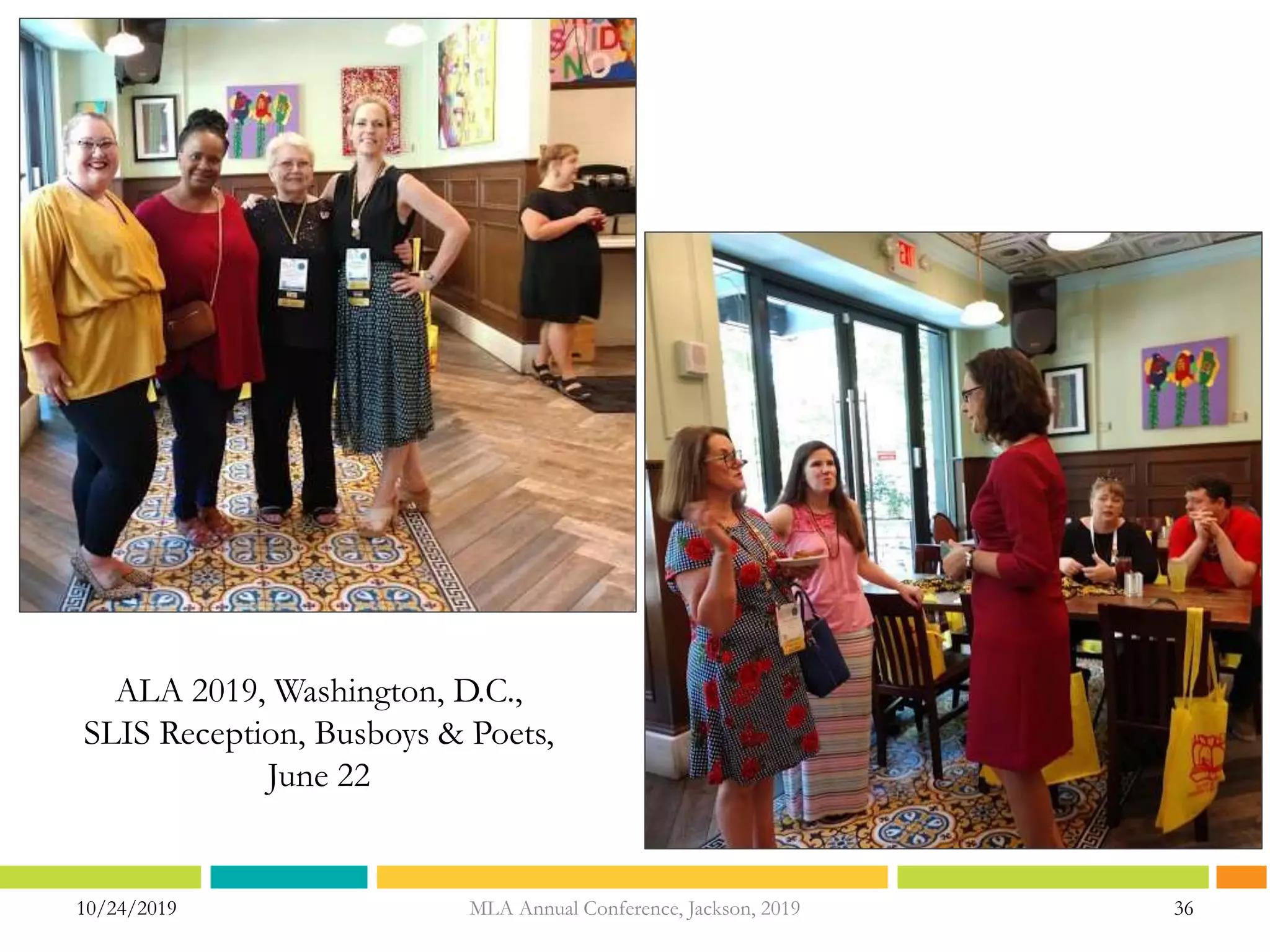 10/24/2019 36
ALA 2019, Washington, D.C.,
SLIS Reception, Busboys & Poets,
June 22
MLA Annual Conference, Jackson, 2019
 