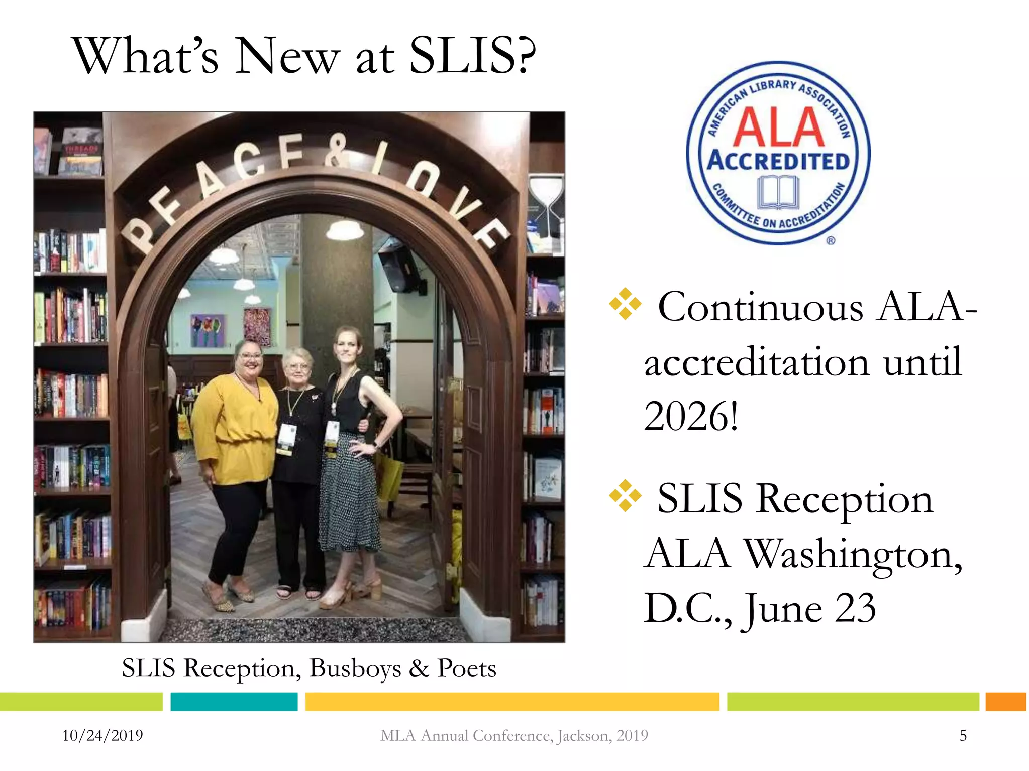 What’s New at SLIS?
 Continuous ALA-
accreditation until
2026!
 SLIS Reception
ALA Washington,
D.C., June 23
10/24/2019 MLA Annual Conference, Jackson, 2019 5
SLIS Reception, Busboys & Poets
 