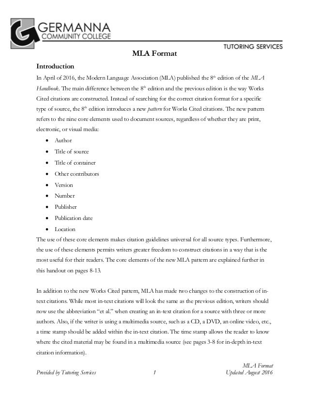 Mla 8th Edition Citation Format By Germanna Community College Tutorin