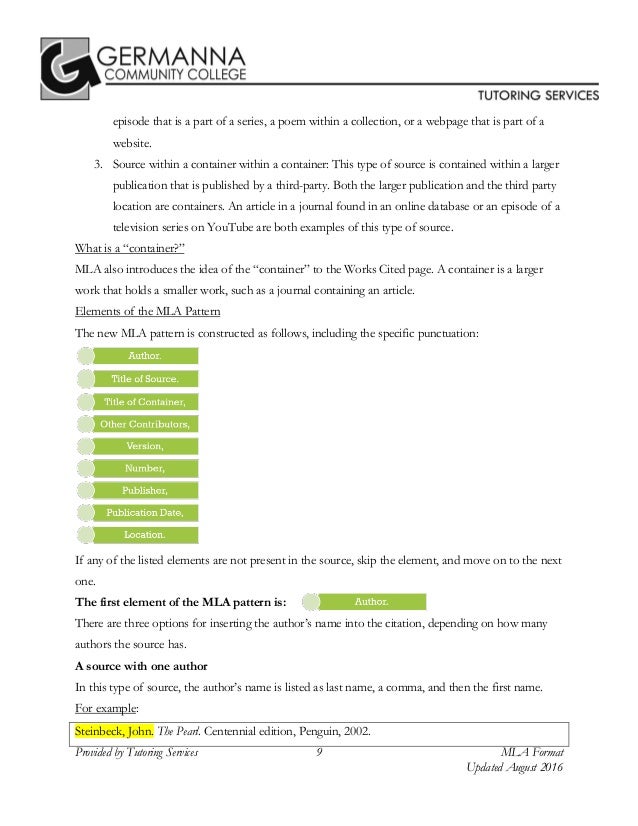 mla 8th edition citation format by germanna community college tutorin mla style format example