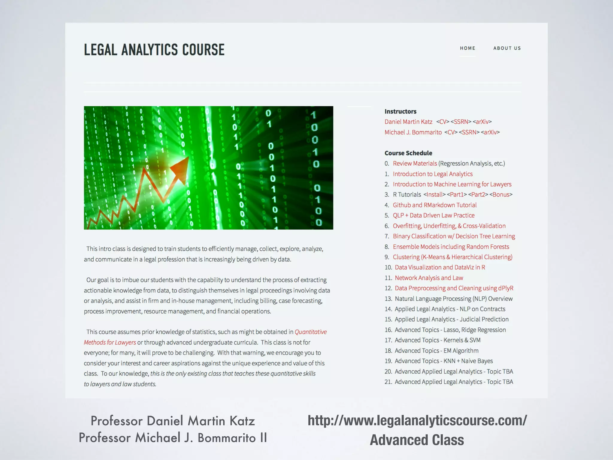 http://www.legalanalyticscourse.com/Professor Daniel Martin Katz
Professor Michael J. Bommarito II Advanced Class
 