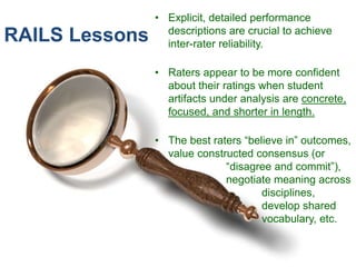 RAILS Lessons
• Explicit, detailed performance
descriptions are crucial to achieve
inter-rater reliability.
• Raters appea...