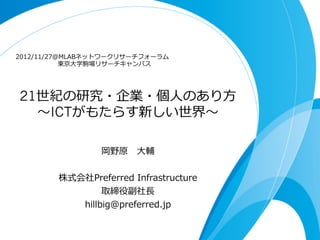 2012/11/27@MLABネットワークリサーチフォーラム
 　                                  東京⼤大学駒場リサーチキャンパス




 21世紀の研究・企業・個⼈人のあり⽅方
   〜～ICTがもたらす新しい世界〜～

                             岡野原 　⼤大輔


              株式会社Preferred  Infrastructure 　
                      取締役副社⻑⾧長
                 hillbig@preferred.jp
 