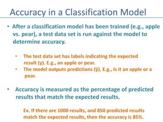 Accuracy in a Classification Model
• After a classification model has been trained (e.g., apple
vs. pear), a test data set is run against the model to
determine accuracy.
• The test data set has labels indicating the expected
result (y). E.g., an apple or pear.
• The model outputs predictions (ŷ). E.g., Is it an apple or a
pear.
• Accuracy is measured as the percentage of predicted
results that match the expected results.
Ex. If there are 1000 results, and 850 predicted results
match the expected results, then the accuracy is 85%.
 