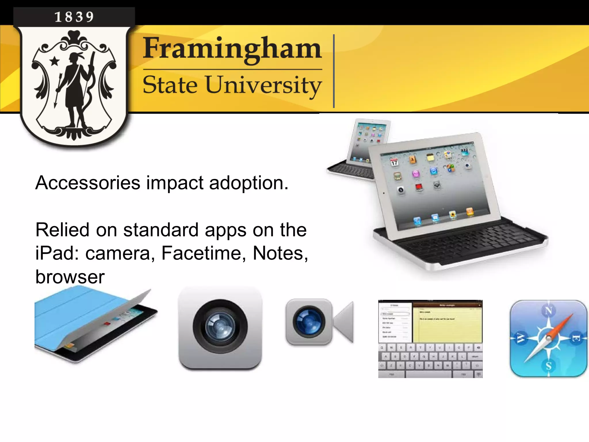 Accessories impact adoption.

    Relied on standard apps on the
    iPad: camera, Facetime, Notes,
    browser




Google images
 